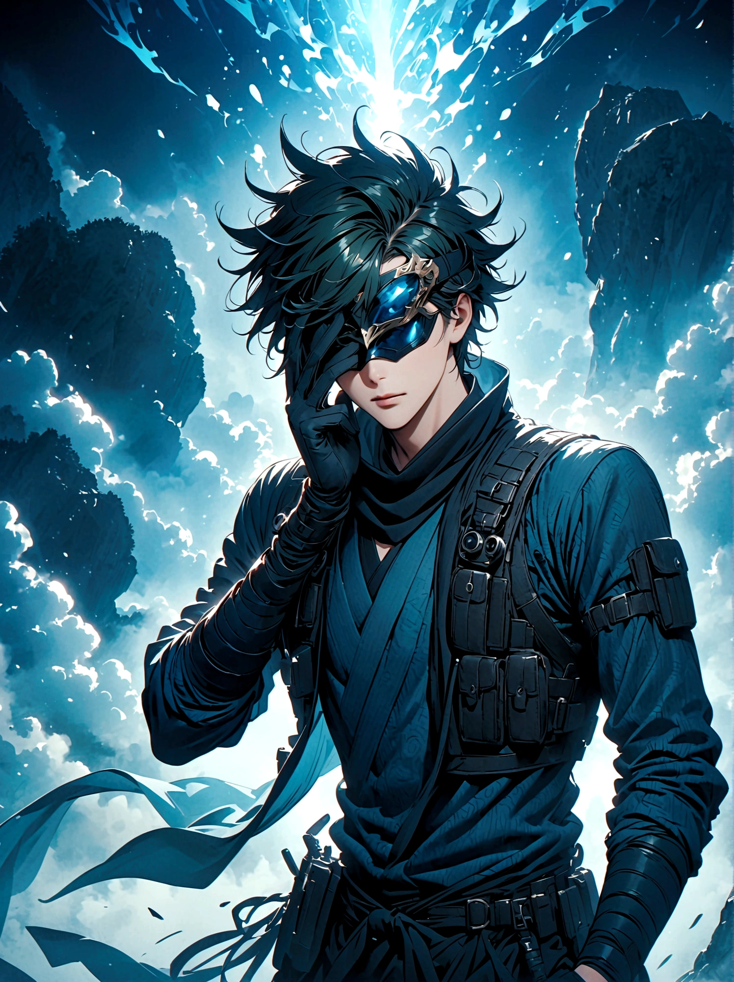 A fictional anime character sporting a silver spiky hair, wearing a headband tilted to cover one eye. He is dressed in a typical ninja attire, complete with a flak jacket, the fabric is in shades of blue and green. He also wears gloves and his mask is pulled up to cover the lower half of his face. He carries an aura of mystery and coolness around him.