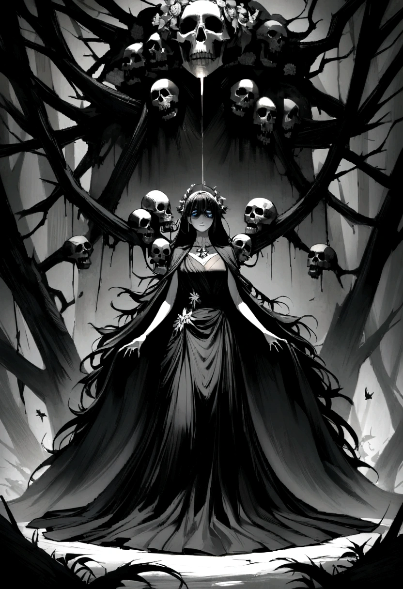 A forest full from darkness and negatives, a woman wearing black saree and a garland of human skulls , her dangerous powers showcase her intentions, a glow in her eyes, a negative aura exude from her