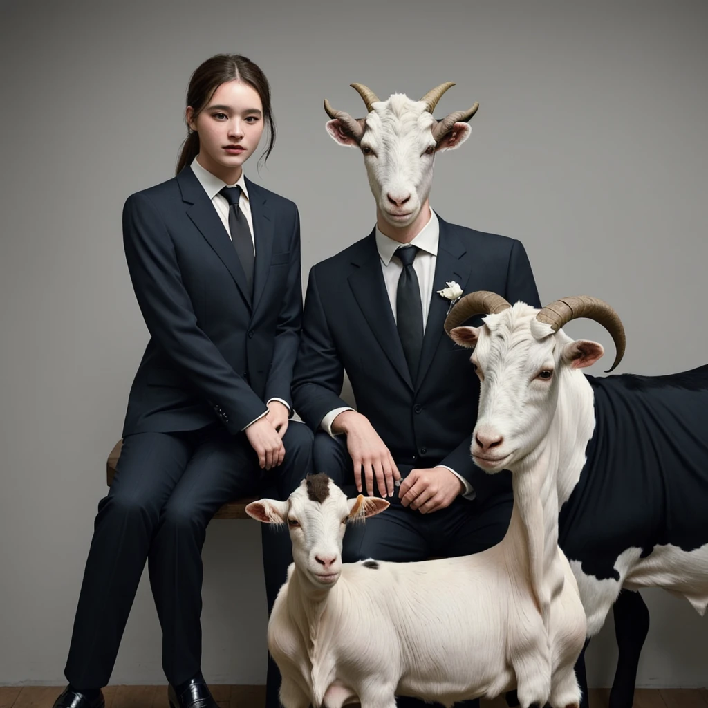 Goat and cow wearing suit