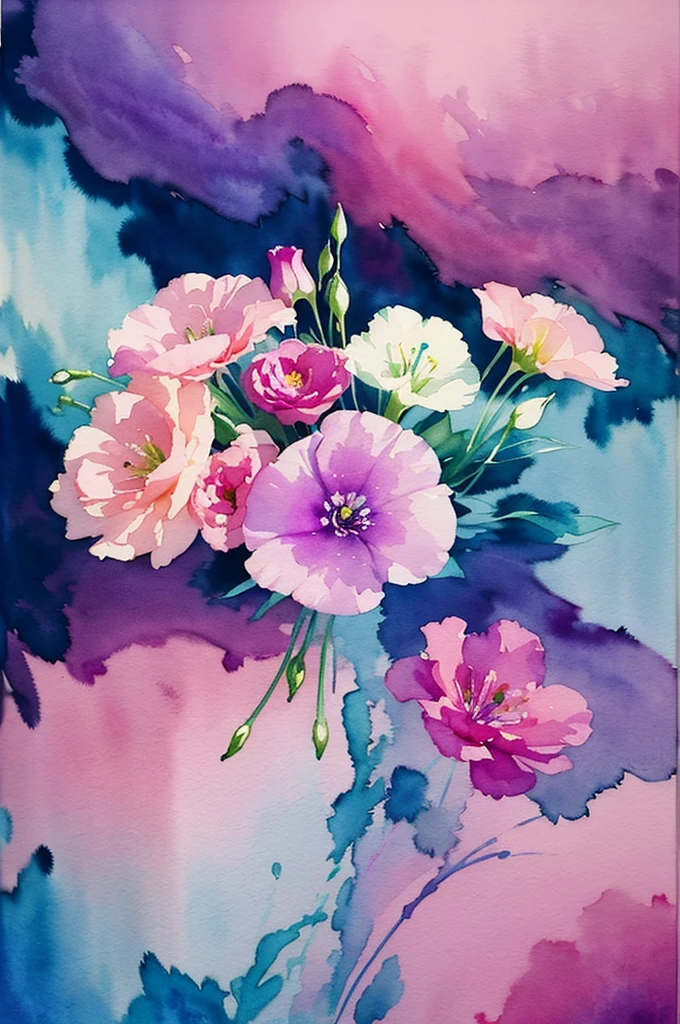 1girl,flower, Lisianthus ,in the style of light pink and light azure, dreamy and romantic compositions, pale pink, ethereal foliage, playful arrangements,fantasy, high contrast, ink strokes, explosions, over exposure, purple and red tone impression , abstract, ((watercolor painting by John Berkey and Jeremy Mann )) brush strokes, negative space,