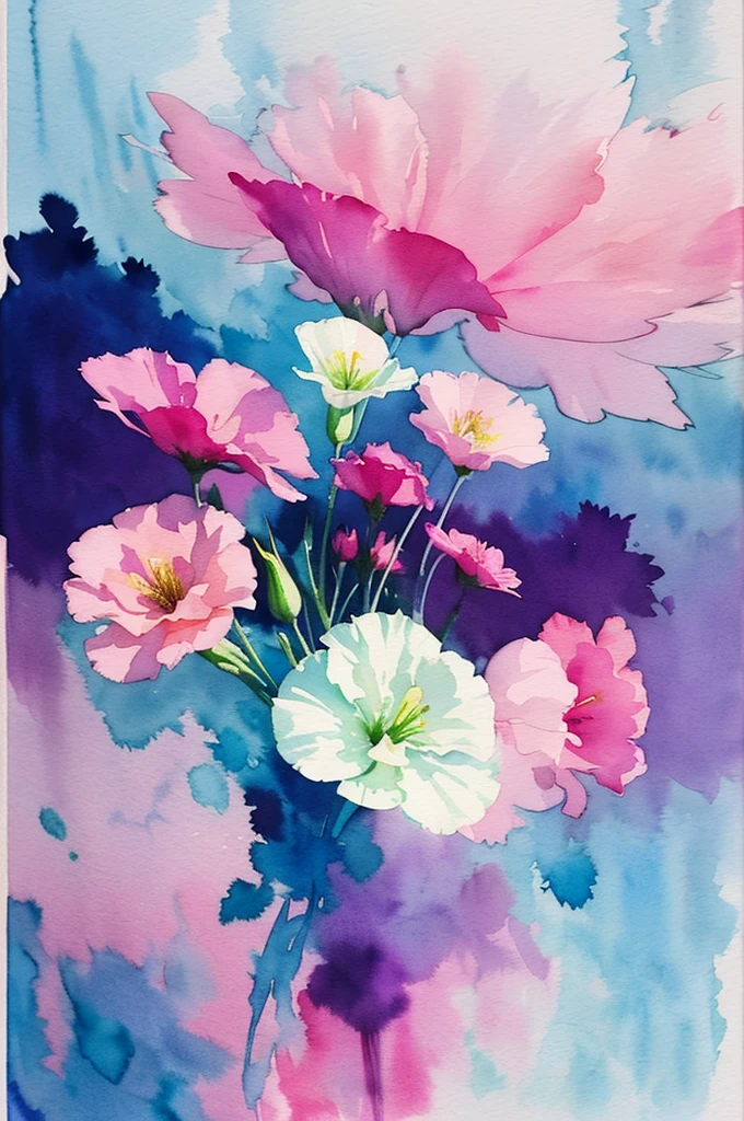 1girl,flower, Lisianthus ,in the style of light pink and light azure, dreamy and romantic compositions, pale pink, ethereal foliage, playful arrangements,fantasy, high contrast, ink strokes, explosions, over exposure, purple and red tone impression , abstract, ((watercolor painting by John Berkey and Jeremy Mann )) brush strokes, negative space,