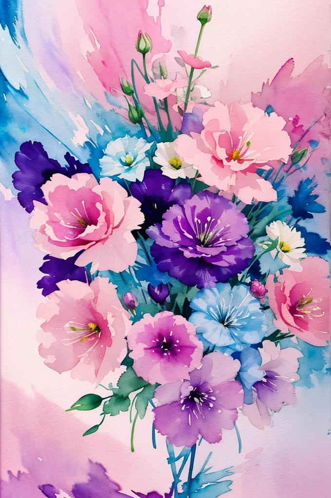 1girl,flower, Lisianthus ,in the style of light pink and light azure, dreamy and romantic compositions, pale pink, ethereal foliage, playful arrangements,fantasy, high contrast, ink strokes, explosions, over exposure, purple and red tone impression , abstract, ((watercolor painting by John Berkey and Jeremy Mann )) brush strokes, negative space,