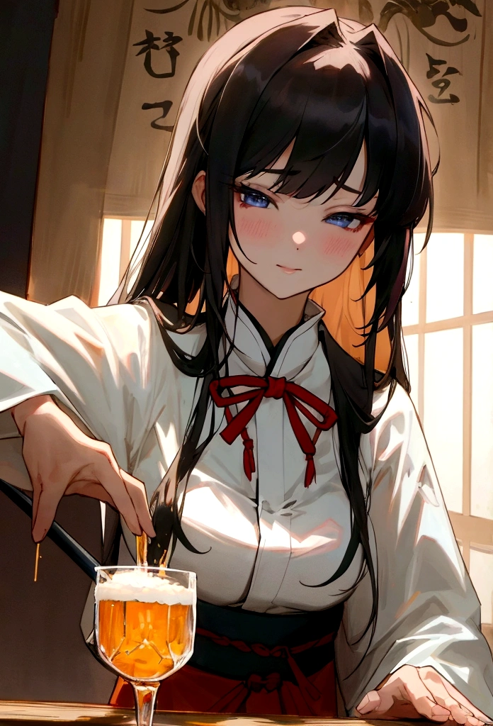 girl，Perfect face，bartending师服装，bartending师，Pouring alcohol，bartending，Bar，bar，Double swords behind，Upper body close-up，masterpiece，Perfect composition，Long hair，Air bangs