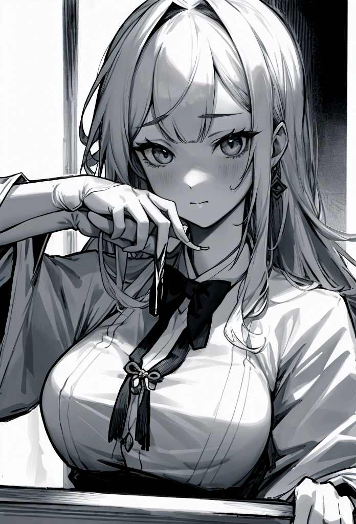 girl，Perfect face，bartending师服装，bartending师，Pouring alcohol，bartending，Bar，bar，Double swords behind，Upper body close-up，masterpiece，Perfect composition，Long hair，Air bangs