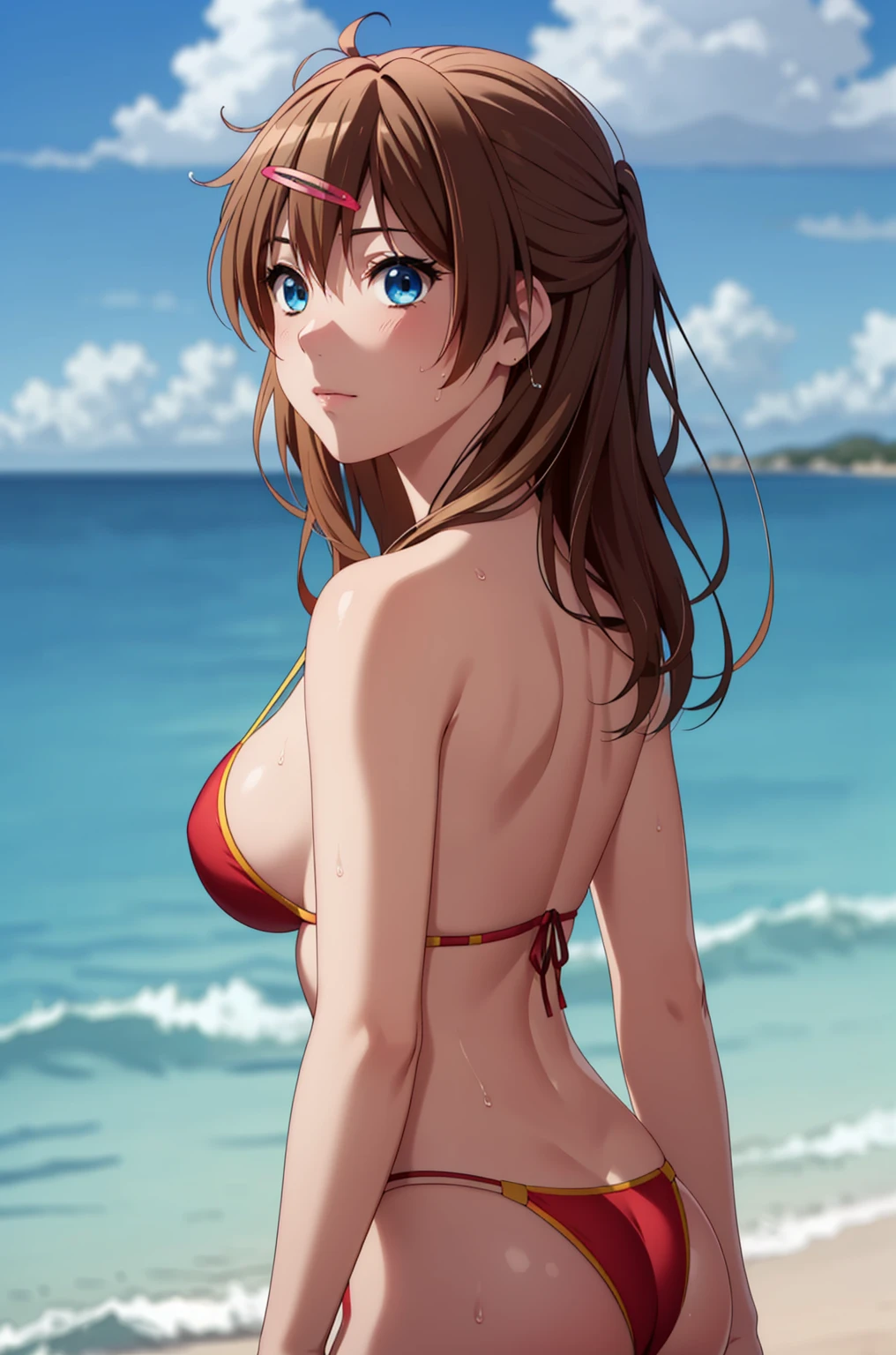 ((masterpiece, Highest quality, High resolution, UHD, Pixel perfect, Depth of written boundary, 4K, rtx, HDR)), 1 Girl, single, alone, 24-years-old, Beautiful Anime Girls, Beautiful art style, anime character, ((Parted bangs, Brown Hair)), (blue eyes、Round eyes, Delicate eyelashes、Beautiful eyelashes, Perfect Eyes), (Detailed face:1.2), (Smooth texture:0.75, Realistic texture:0.65, Realistic:1.2, Cinematic, Anime CG Style), Perfect body, Ocean:1.3、Moderately good breasts:1.7、Red Micro Bikini Swimsuit:1.8、Visible from the thighs:1.9、Wet、Water Drop、Splash、nsfw、visible from below、Seen from behind