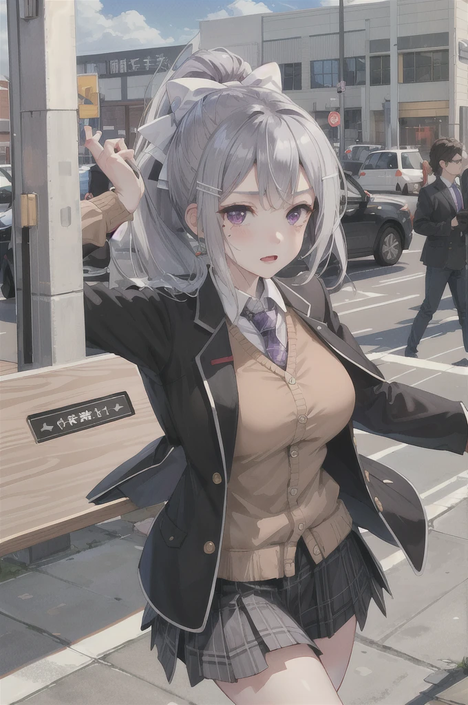 masterpiece, Highest quality, High resolution, higuchi kaede, One girl, Virtual YouTuber, alone, Long Hair, Mole under the eye, skirt, tie, Jacket, Purple eyes, socks, ponytail, hair ornaments, white bow, hair bow, bow, blazer, very Long Hair, purple tie, pleated skirt, white socks, Hair Clip, Open clothes, cardigan, , Knee-high, Grey Hair, black Jacket, shirt, collared shirt, Plaid, open Jacket, bangs, Plaid skirt, miniskirt, tachi-e, white shirt,Bra and pants are visible, Long sleeve, grey skirt, Too big breasts, Tight clothes,Plaid tie, Are standing, Cowboy Shot, Scorned face,