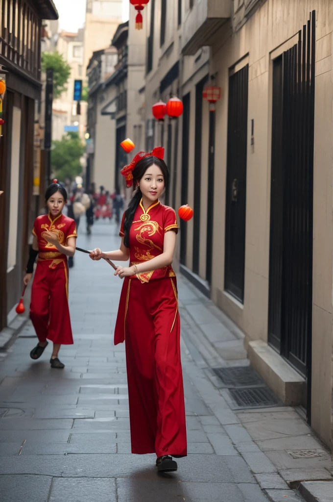 Chinese street jugglers，Dressed very simply，