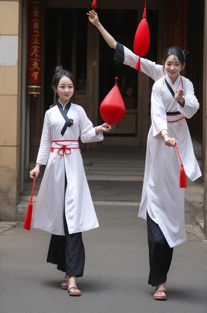 Chinese street jugglers,Dressed very simply,