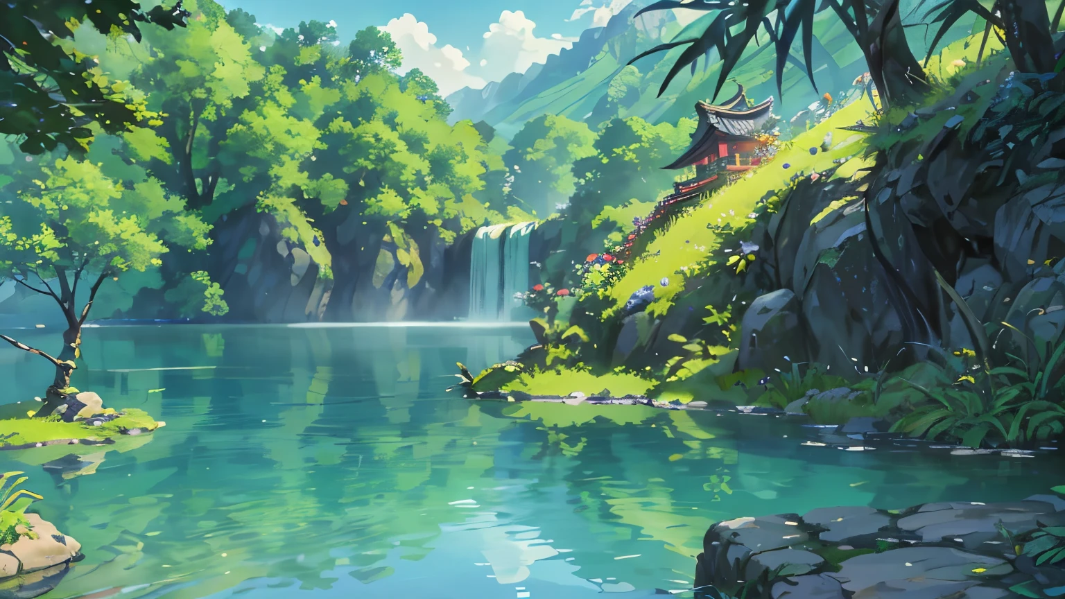 China、spring、jungle、lake、Cave，that tree、grassland、rock、please、Hot springs、Water Flow、（Implications：1.0）、Epic creation、Realistic lighting、High definition details、masterpiece、best quality，（Highly detailed CG Unity 8k wallpaper）