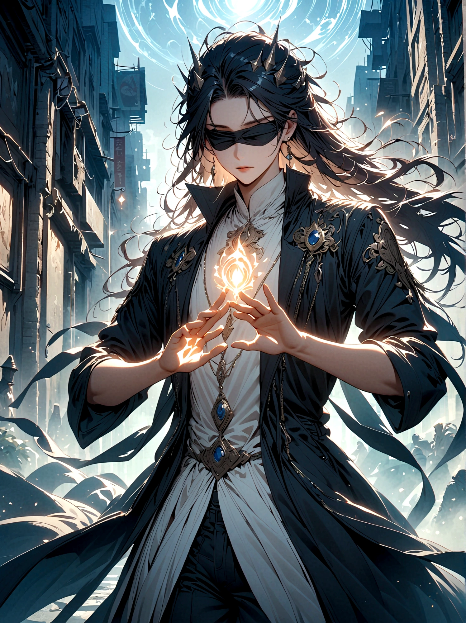 A tall individual with striking white spiky hair, dressed in a black coat. Their eyes are obscured by a blindfold, yet they radiate an aura of power. They perform mystic hand gestures as if to invoke some sort of magic spell. The setting around them is an urban area with a hint of ancient mystical charm.