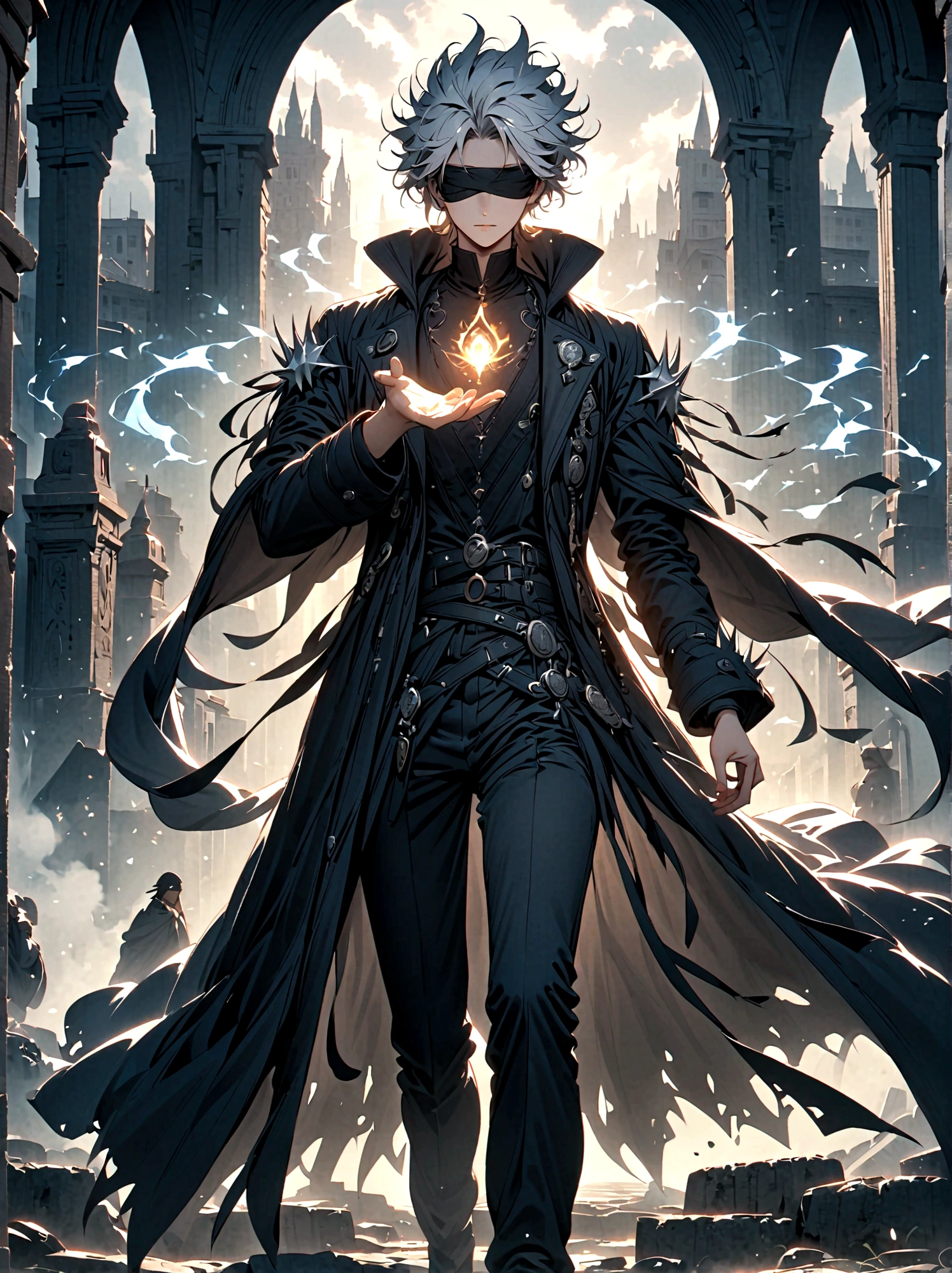 A tall individual with striking white spiky hair, dressed in a black coat. Their eyes are obscured by a blindfold, yet they radiate an aura of power. They perform mystic hand gestures as if to invoke some sort of magic spell. The setting around them is an urban area with a hint of ancient mystical charm.