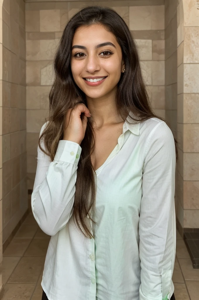 24YO, one Jordanian women, cute smile, white teethes, long light green shirt, light brown eyes, small nose, black/brown long hair