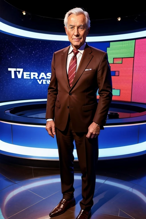 front view of 70 year old male TV news presenter wearing brown shoes