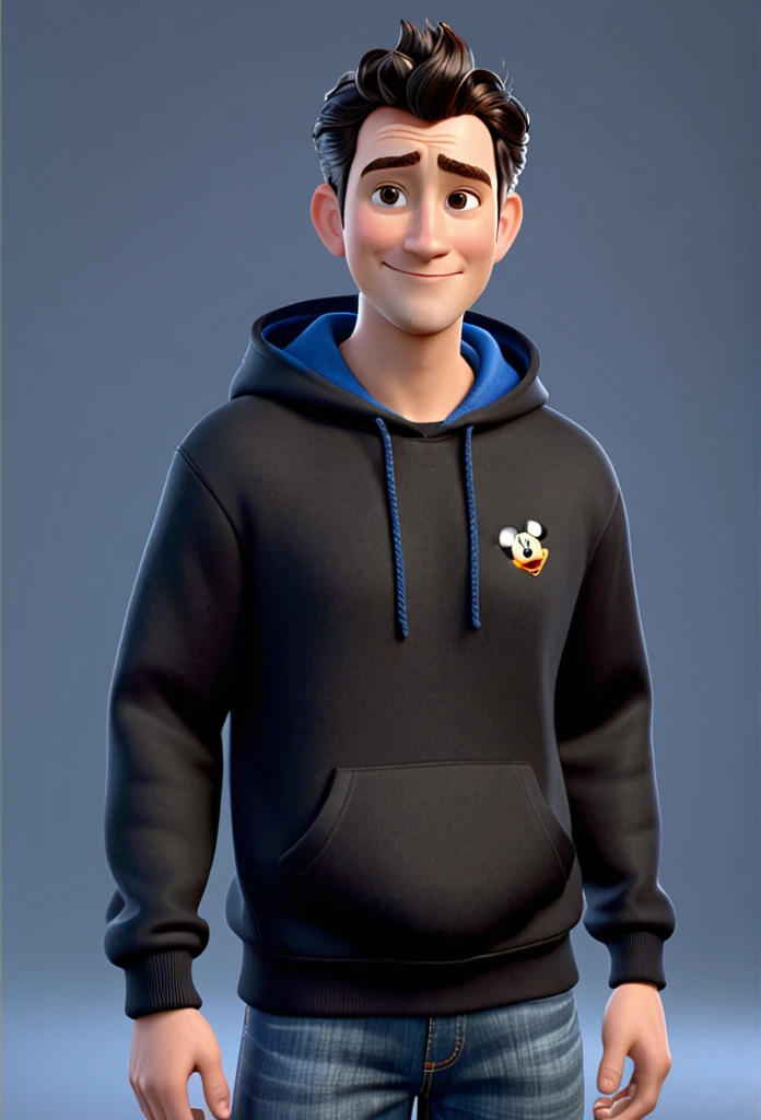 A closeup of a man, wearing black hoodie and blue jeans, slippers, character headshot portrait, 8k portrait rendering, disney rendering, personagem de perto, retrato de personagem em close, Personagem 3D realistic, personagem estilizado, como um personagem da Pixar, personagem altamente detalhado, Personagem 3D, personagem 3d, estilo de personagem da Disney, close do retrato do personagem, personagem masculino.