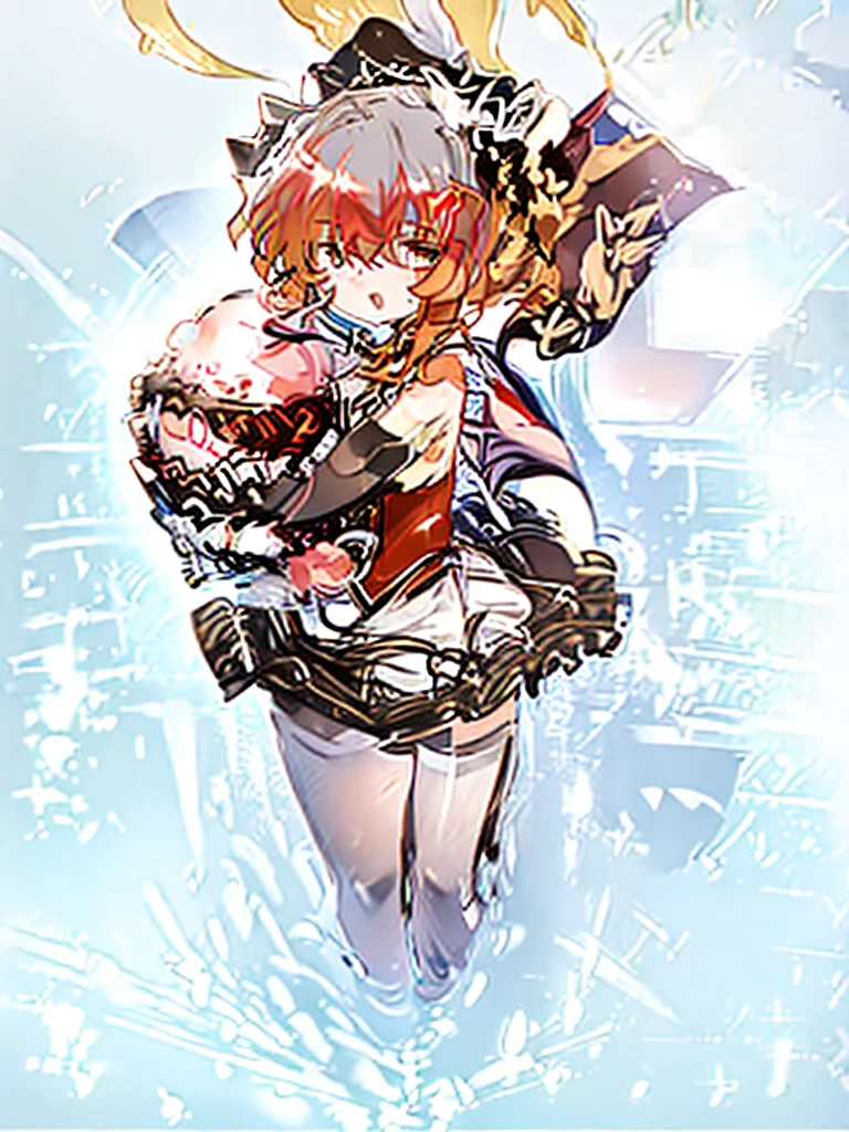 ((masterpiece)), (best quality), (detailed), (1 girl), jack-o' valentine,red hair,white bodysuit,gloves,halo,cross,belt,chain,ball & chain restraint,ankh,mask,shackles,cleavage,necklace,buckle,jewelry,chained,wide sleeves,sitting on throne,toung out,devilish smile