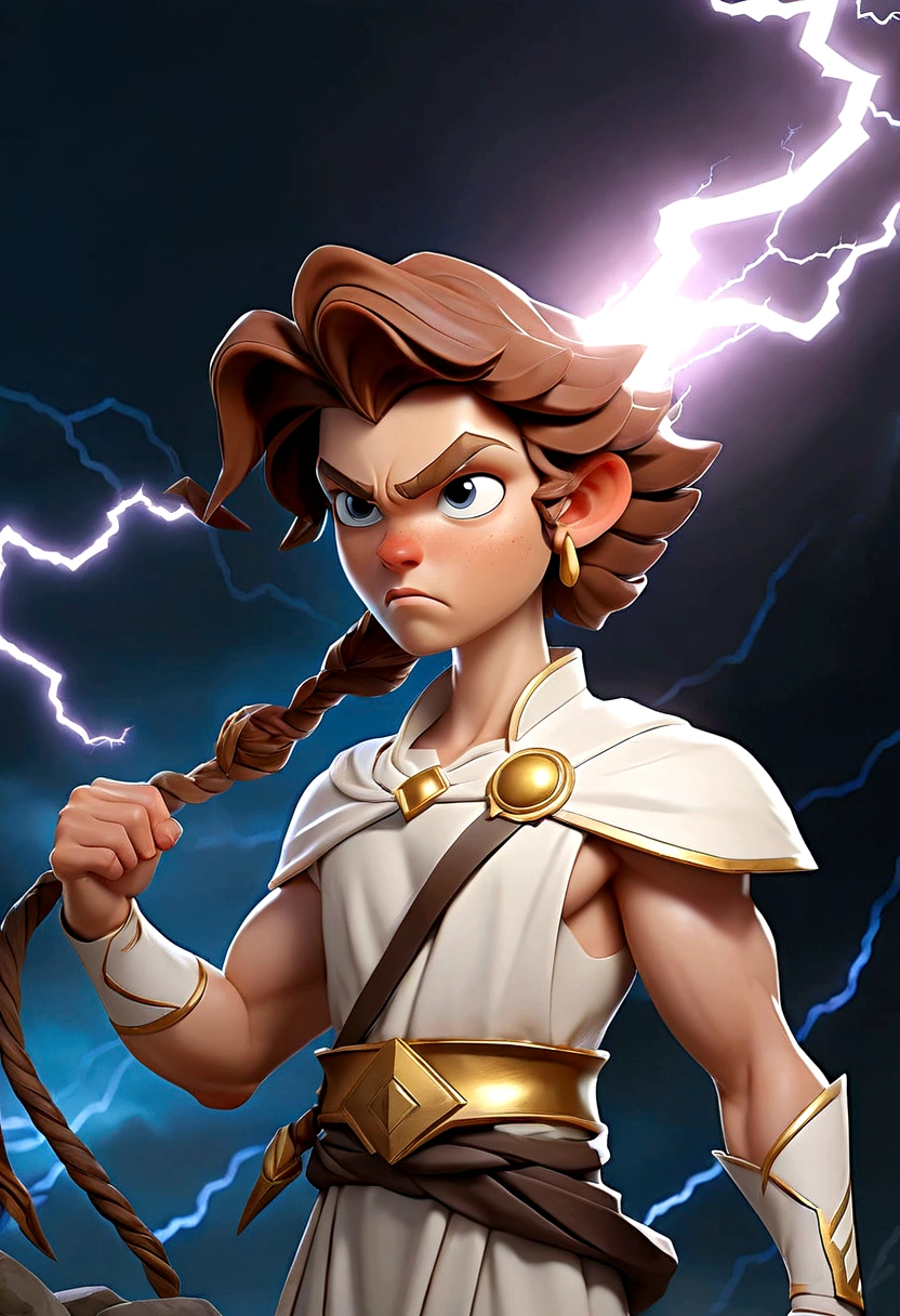 Man in white dress holding lightning bolt, Goddess of Thunder, A digital painting inspired by Zeus from Greek mythology, epic digital art illustration, Character art by Charlie Bowter, Inspired by Magali Villeneuve, Lightning flashes behind him, Graphic artist Magali Villeneuve, epic fantasy art portrait, Neo-artcore and Charlie Bowter, Realistic fantasy illustration, Amazing digital illustrations