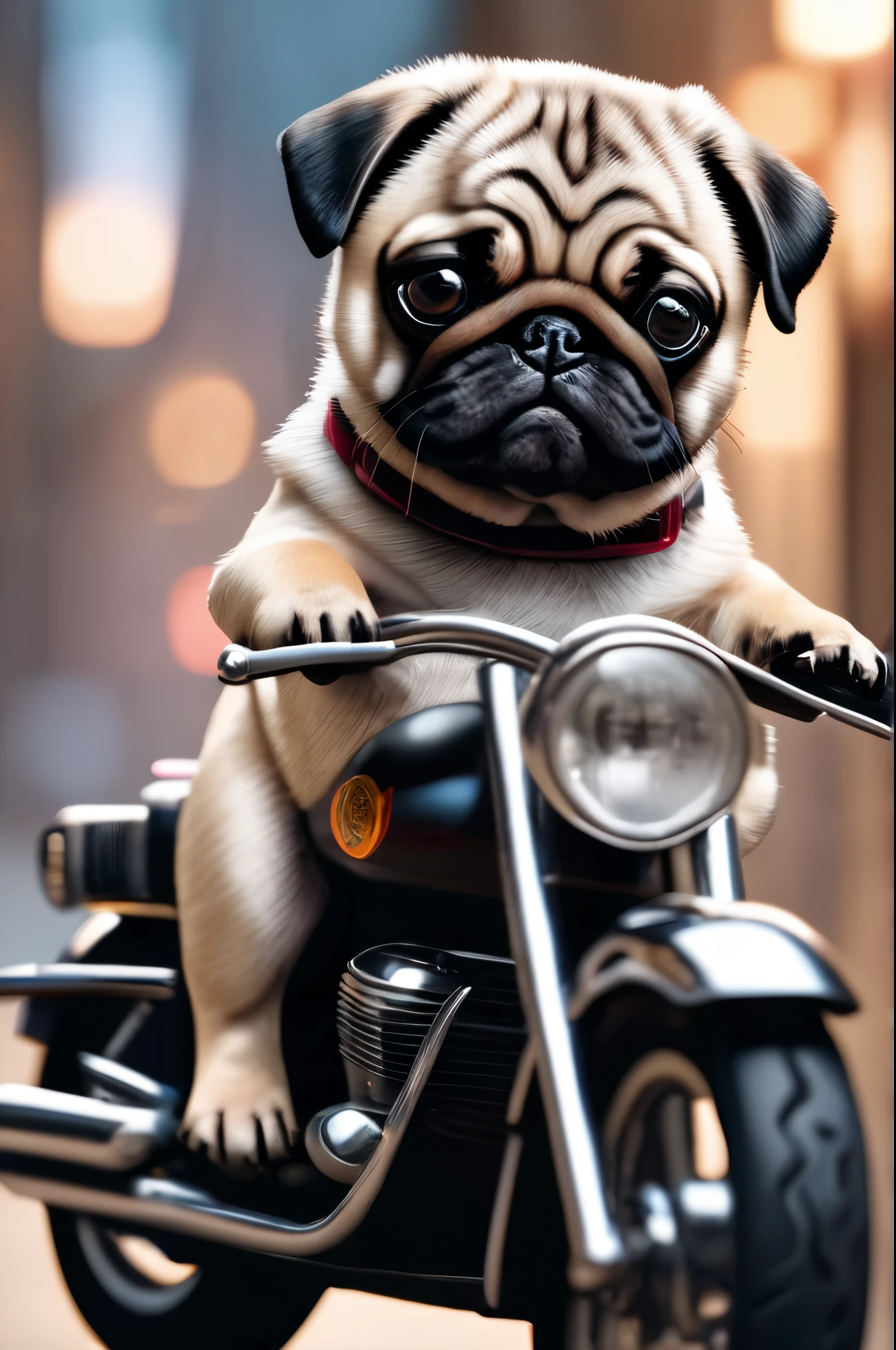 Pug, Dog on a motorcycle, High resolution, masterpiece, 8k, 4K, (Realistic photos), (Realistic), Bokeh, 