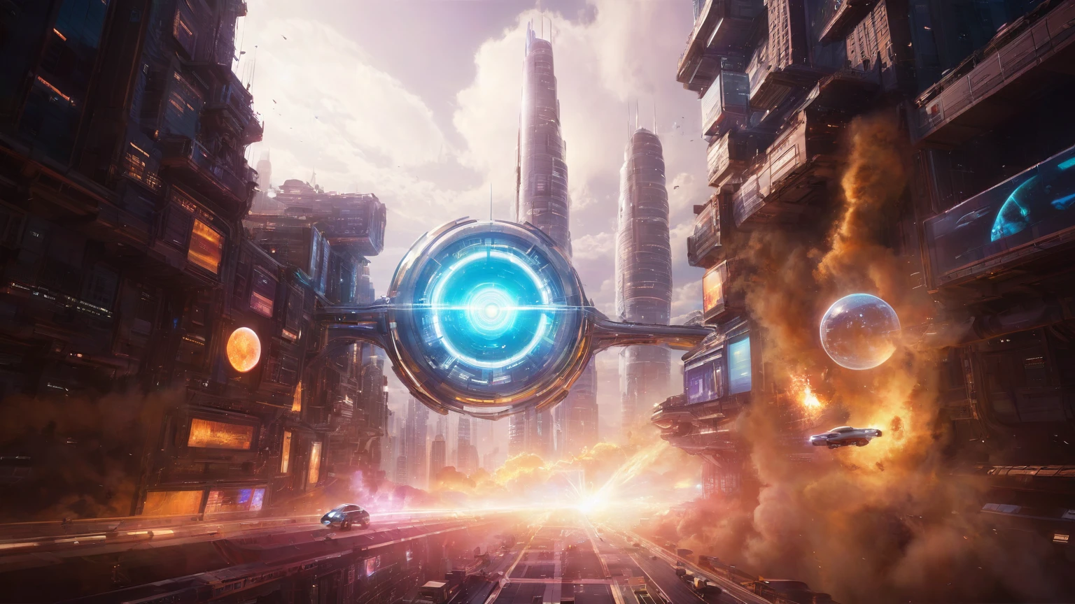 brightly colored abstract image of a space station with a spiral, epic beautiful space scifi, chaotic cinematic space rift, greg beeple, (((((flying cars, 1drone))))), planets colliding, beeple and tim hildebrandt, beeple and jean giraud, end of the universe, galaxy space sci-fi, ringworld, by Mike "Beeple" Winkelmann. Matrix style, (((((Matrix cascading code))))), (((((a futuristic twin tower skyscraper with a unique twisted design))))), (((((OLED GUI interfaces in the building))))), at night, (((((1girl, solo))))), photo realistic, (((large-breast:1.2 slim body, cleavage))), (((off broken mini sling-shirt and black sling bra, extreamly short pleated miniskirt exposing panty))), (((((running pose))))), (((((((matrix style black micro sunglasses))))))), ((((((((((aiming with a short gun)))))))))), (((((looking at camera))))), (((very low view))), (((((half-body thigh level medium shot))))), (((cinematic lighting))).