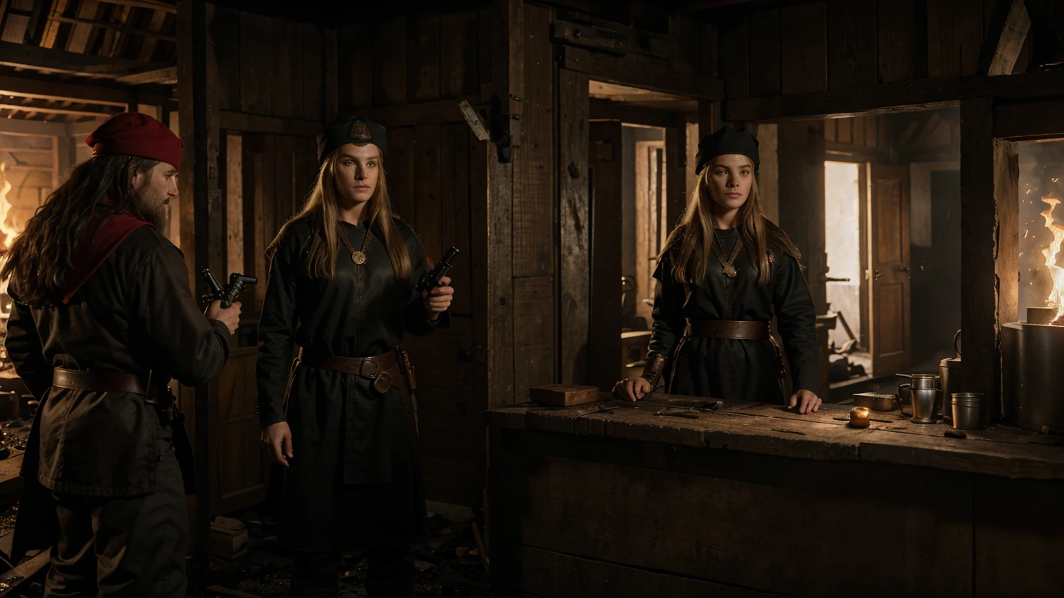 Crie personagem feminina medieval de filme viking realistic a old house behind the male character which eqip a red cap, carry handgun with torch, dark back ground, the house is abandoned and fire 🔥in the house, the male looking to viewer showing his magnum gun, house is roasting behind male,the dark scenes, real life,high resolution, ultra HD, high definition, HD, 4K.