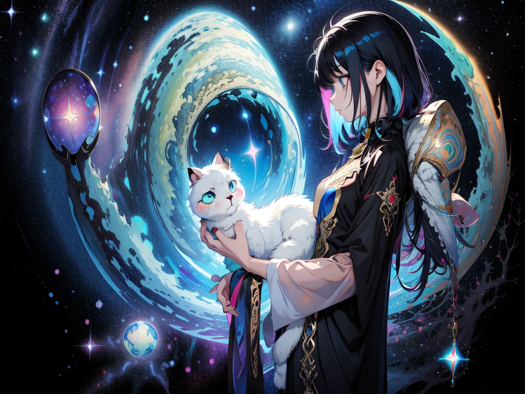 Highest quality、Masterpiece、Official Art、The best composition、ダイナミックなThe best composition、Cute creatureilky white and blue hair color、Anime Style、Divine、流star群、star、universe、whole body、