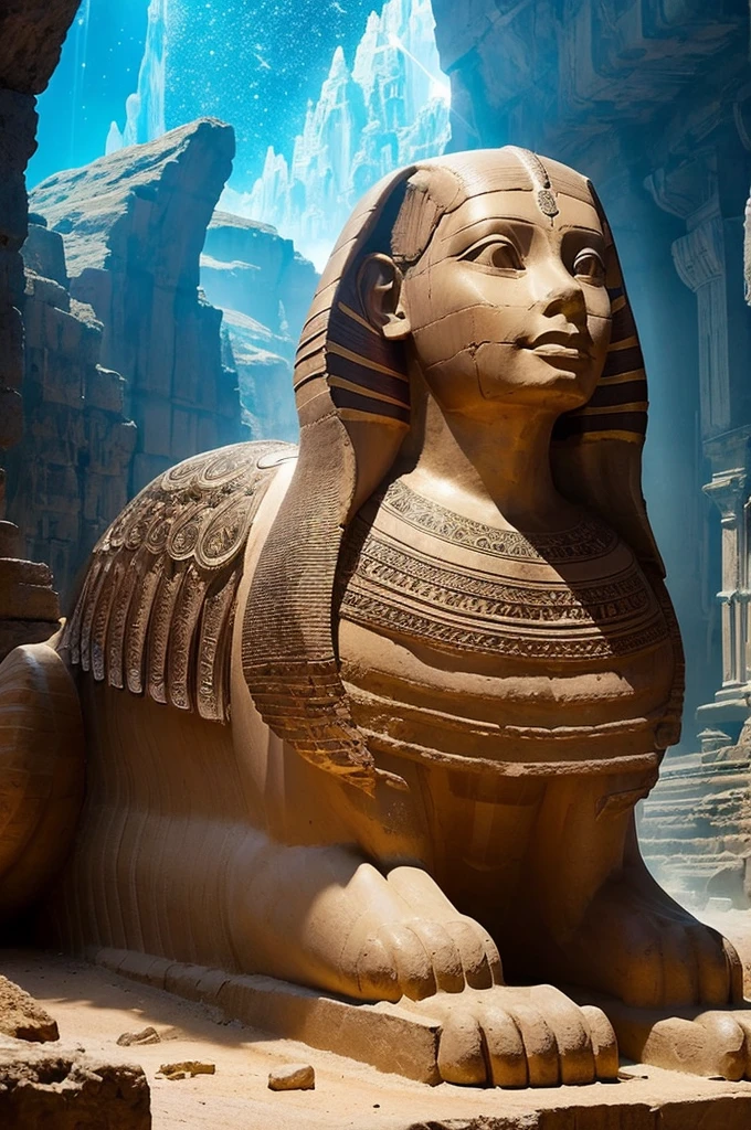 I would like you to generate a digital art image of a beautiful sphinx personification adorned with crystals. The sphinx should be depicted in a regal and majestic pose, exuding an aura of power and wisdom. The crystals should be intricately detailed, sparkling and adding an ethereal touch to the image. The background should be a mystical and enchanting landscape, with hints of ancient ruins and lush vegetation. The lighting should be soft, illuminating the sphinx from the front and creating a gentle glow around the crystals. The overall composition should be highly detailed and visually stunning, capturing the viewer's attention with its mesmerizing beauty. Please make sure to include the full body of the sphinx in the image, allowing for a clear view of its elegant and graceful form. Thank you! --ar 1:1 --v 5.1