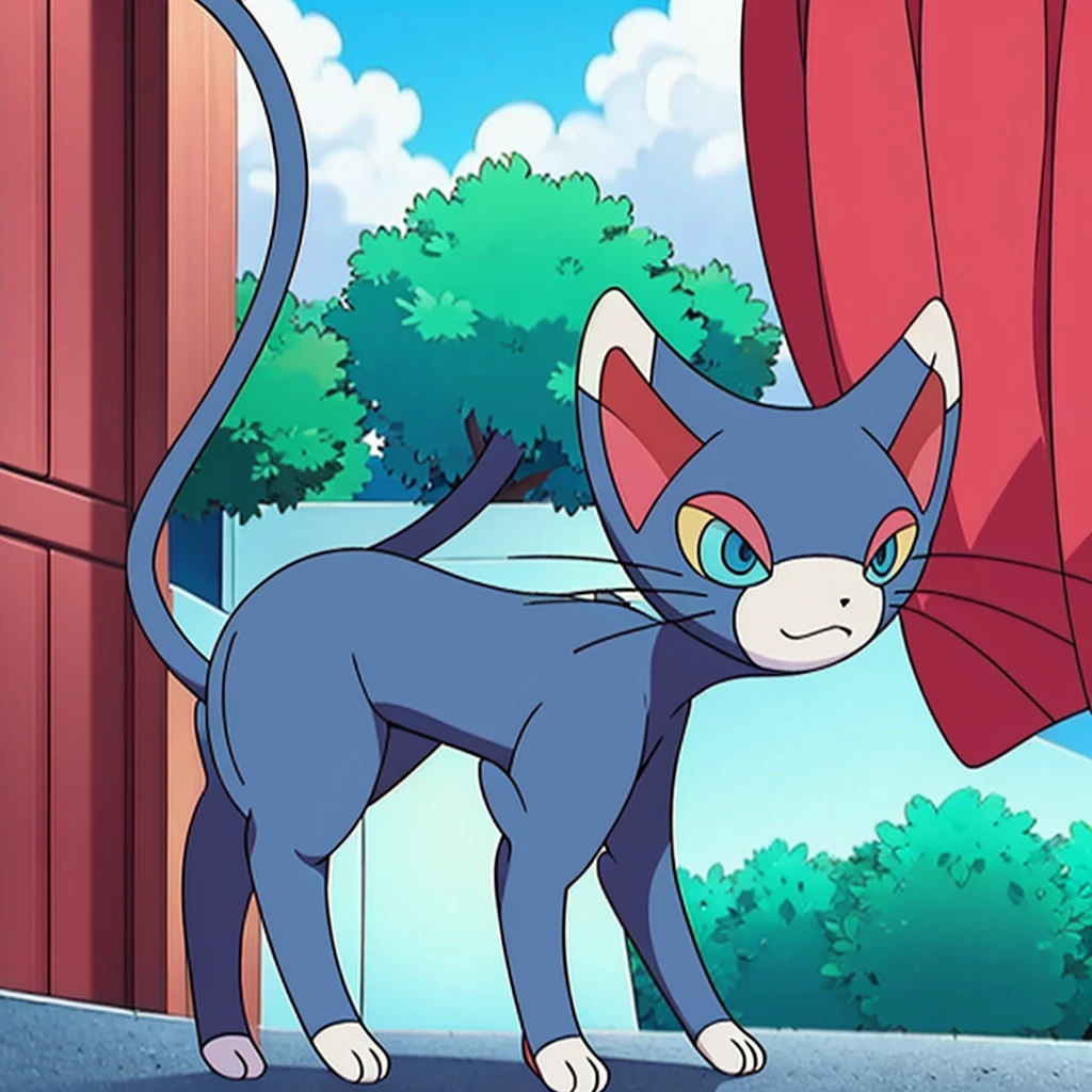 (masterpiece, best quality:1.2),solo,glameow \(pokemon\),pokemon \(creature\),full body,no humans,cat,blue eyes,grey fur,tail,city background