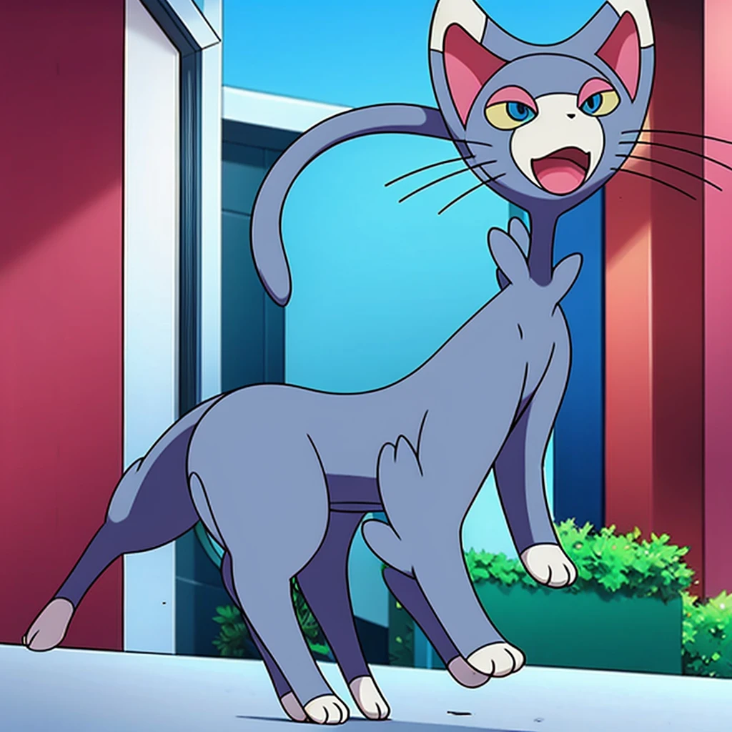 (masterpiece, best quality:1.2),solo,glameow \(pokemon\),pokemon \(creature\),full body,no humans,cat,blue eyes,grey fur,tail,city background
