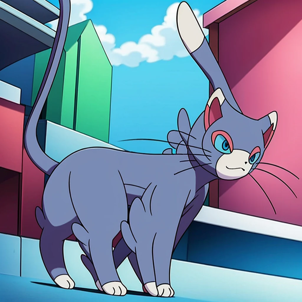 (masterpiece, best quality:1.2),solo,glameow \(pokemon\),pokemon \(creature\),full body,no humans,cat,blue eyes,grey fur,tail,city background
