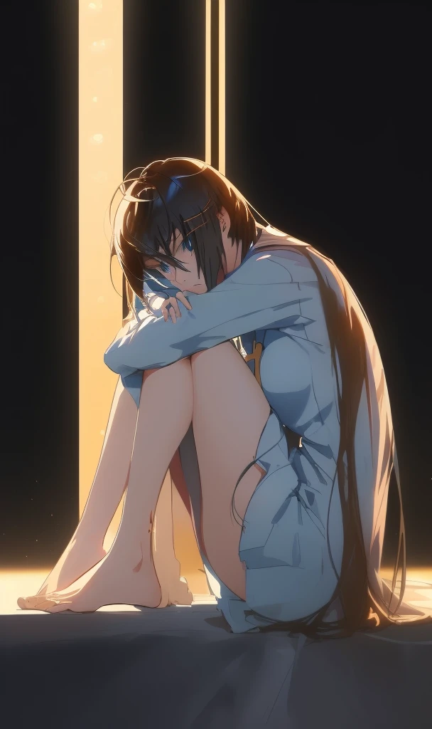 Anime Frau sitting on the floor with her head in her hands, the Anime Frau is crouching, Anime Frau with long hair, ( ( Makoto Shinkai ) ), Ilya Kuvshinov mit langen Haaren, beautiful Anime Frau squatting, deprimierter, trauriger Gesichtsausdruck, makise kurisu, (Anime Frau), Makoto Shinkai. digital render, depressed girl portrait