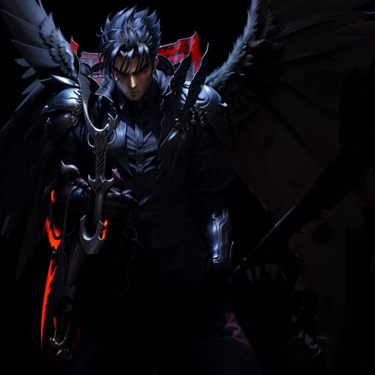 a drawing of a man with wings on his back holding a sword, full body savage devilman, dark angel, anime epic artwork, dark pit, beautiful male god of death, high definition anime art, devilman, black wings instead of arms, battle angel manga, inspired by Sugimura Jihei, demon male, battle angel, anime wallaper