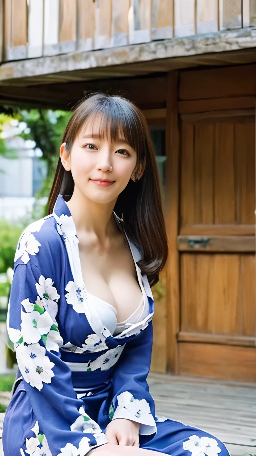 1 female、beauty,Beautiful Face,smile,(Crouch down and observe the audience:1.4),(Tight clothing、Accentuates body lines:1.5) 、(Blue yukata with floral pattern:1.3),A dignified appearance、(Plump Style),((Large Breasts、Cleavage)),(Saggy breasts:1.5)、(Cleavage:1.3),Front view,(Focus on the chest:1.3)、Ultra-realistic,Ultra-high resolution,Highest quality,8k,masterpiece,The cutest Yoshioka Riho、Filmed in a Japanese house