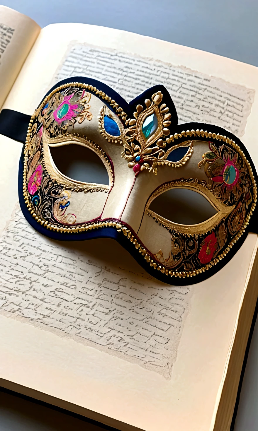 Book with bookmark and cotton eye mask, cotton eye mask with ornate and detailed patchwork fabric, intricate textiles, intricate artwork, neon eyes, eye masks, wonderfully detailed eyes, masquerade masks, exquisitely detailed Orissa eye masks, vintage, Russian style,...