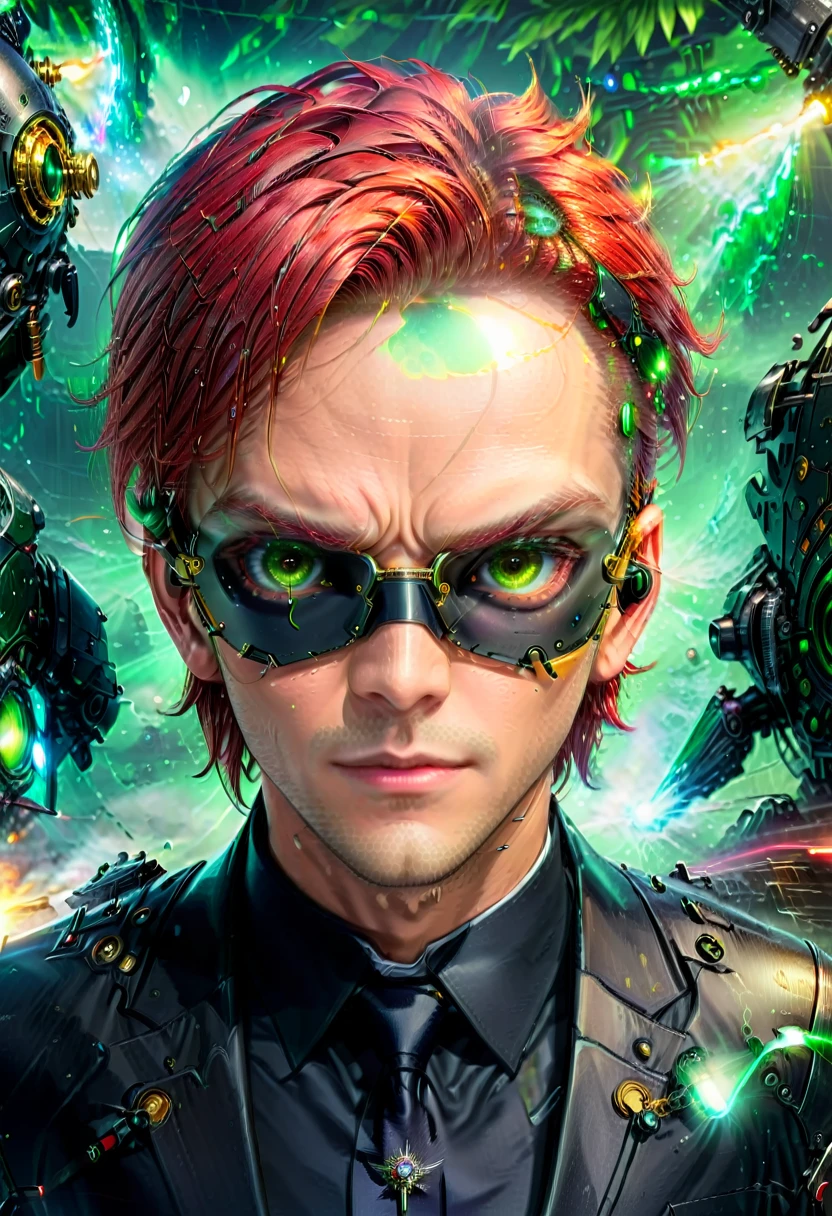 Arafed a picture of a human male spy, wearing dark suit, wearing ((one mecha eye patch)), ((eye patch covering only one eye: 1.5))exquisite beautiful male, red hair, short hair, green eyes, ((the eye patch has intricate mechanical part in it: 1.4)), high society gala event background, (Masterpiece: 1.5), 16k, highres, best quality, high details, ultra detailed, masterpiece, best quality, (extremely detailed), Mechanical Creatures