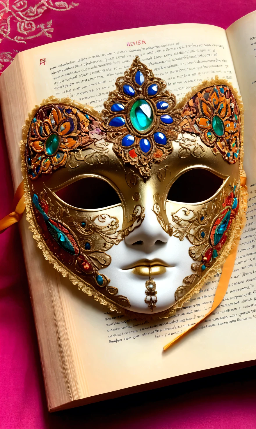 Book with bookmark and cotton eye mask, cotton eye mask with ornate and detailed patchwork fabric, intricate textiles, intricate artwork, neon eyes, eye masks, wonderfully detailed eyes, masquerade masks, exquisitely detailed Orissa eye masks, vintage, Russian style,...