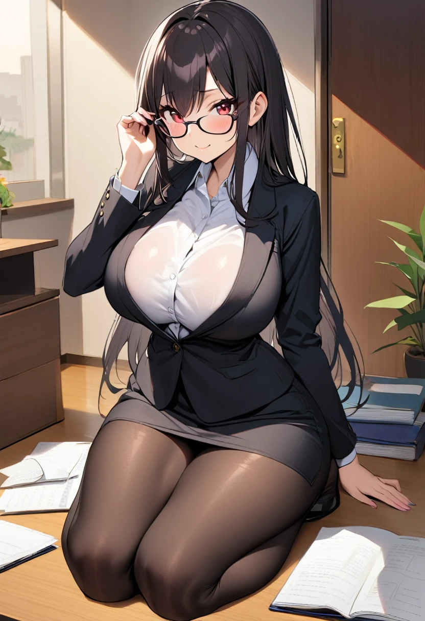 1 girl,black long hair,large breasts,red eyes,business smile,fake smile,wide hips,curvy,glasses,black suit,miniskirt,black pantyhose,seiza,sit in a kneeling position,white panty,The folder on the table,living room