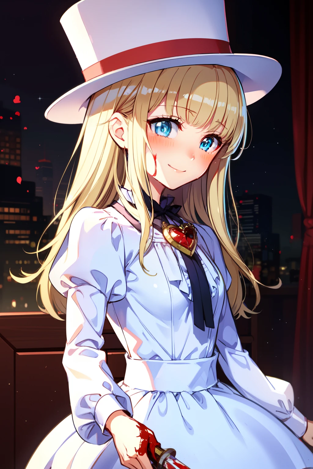 (1girl, solo), blonde hair, side ponytail, (blue eyes:1.5), long hair, (small breast:1.2), (hair ribbon, juliet sleeves, long sleeves, puffy sleeves, white dress:1.5, frills, top hat, black top hat, hat, hat flower,) looking at viewer, shaded face, smile, blush, blood, blood on arm, blood on face, blood on clothes, blood on hands, holding knife, knife, indoors, nadja, heart brooch, jewelry, BREAK (masterpiece:1.2), best quality, high resolution, unity 8k wallpaper, (illustration:0.8), (beautiful detailed eyes:1.6), extremely detailed face, perfect lighting, extremely detailed CG, (perfect hands, perfect anatomy),