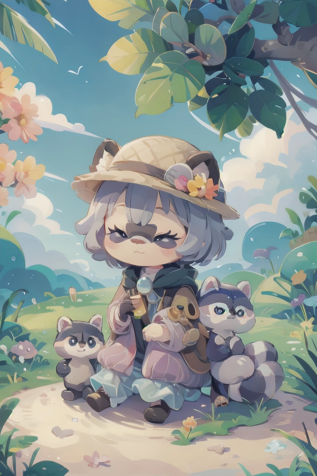 Surrealism、dream-like、 Cute raccoon、Fantasy creatures