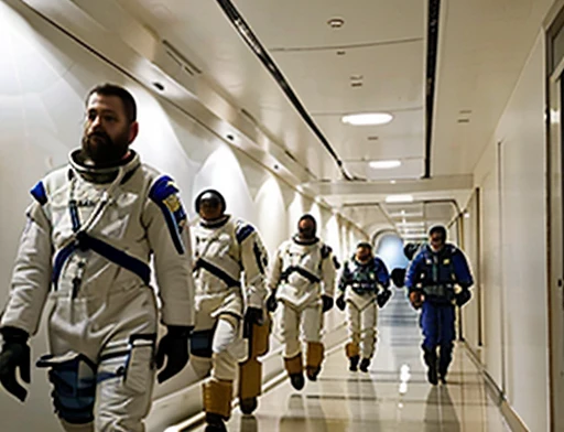Photograph Full view of the 5 Astronauts are walking in a corridor of the spaceship with General Carlos . General Carlos has a large, voluminous white beard, he has a general's hat on his head, he wears a modern uniform, he is gesturing with his hands to the spectators, he is plump, chubby, extremely thick thighs, large belly, fat, age 65, he holds a mug of hot coffee
