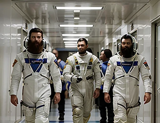 Photograph Full view of the 5 Astronauts are walking in a corridor of the spaceship with General Carlos . General Carlos has a large, voluminous white beard, he has a general&#39;s hat on his head, he wears a modern uniform, he is gesturing with his hands to the spectators, he is plump, chubby, extremely thick thighs, large belly, fat, age 65, he holds a mug of hot coffee