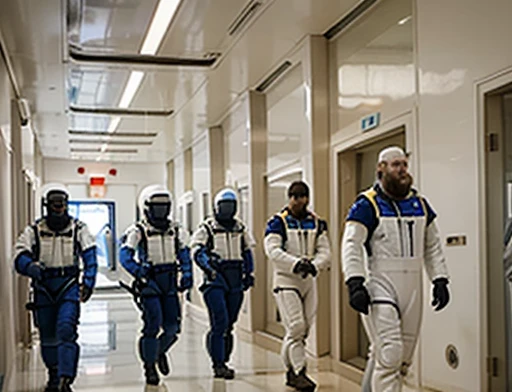Photograph Full view of the 5 Astronauts are walking in a corridor of the spaceship with General Carlos . General Carlos has a large, voluminous white beard, he has a general's hat on his head, he wears a modern uniform, he is gesturing with his hands to the spectators, he is plump, chubby, extremely thick thighs, large belly, fat, age 65, he holds a mug of hot coffee