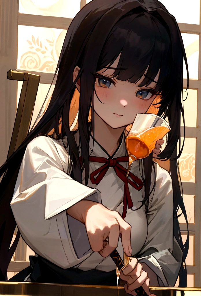 girl,Perfect face,bartending师服装,bartending师,Pouring alcohol,bartending,Bar,bar,Double swords behind,Upper body close-up,masterpiece,Perfect composition,Long hair,Air bangs