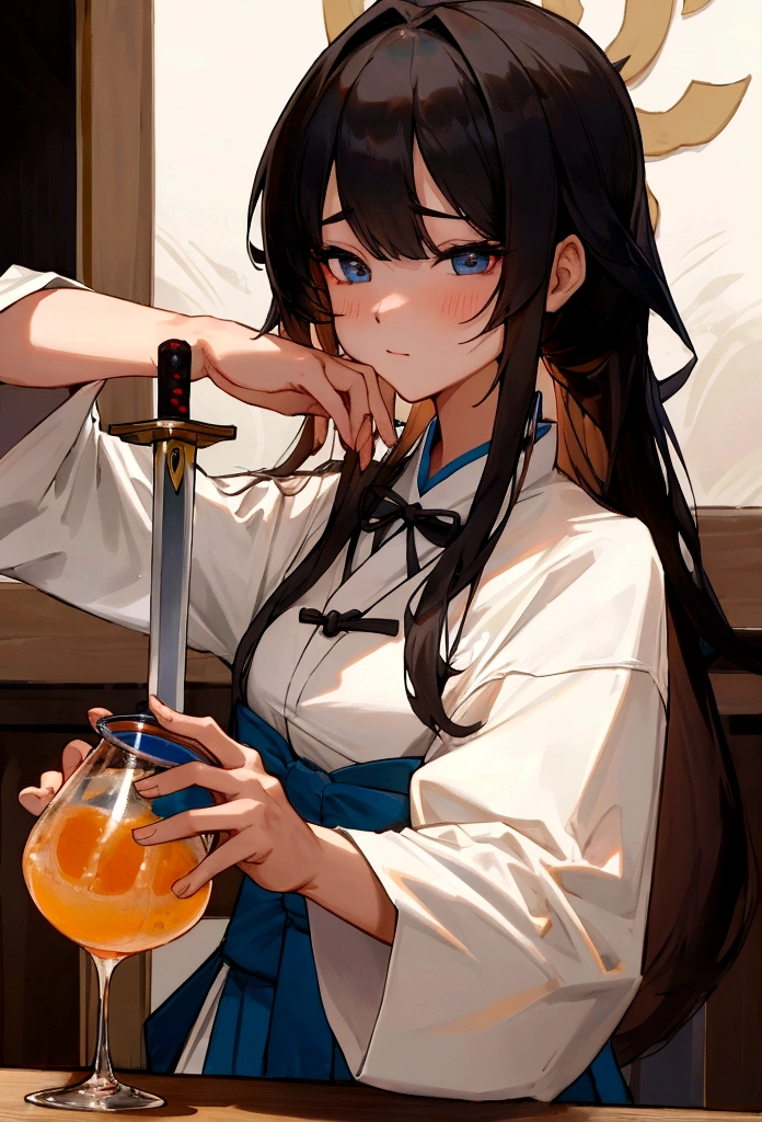 girl,Perfect face,bartending师服装,bartending师,Pouring alcohol,bartending,Bar,bar,Double swords behind,Upper body close-up,masterpiece,Perfect composition,Long hair,Air bangs