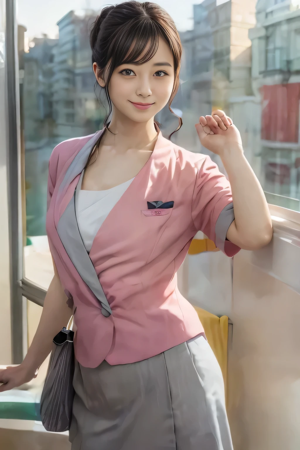 (masterpiece:1.2, Highest quality:1.2), 32K HDR, High resolution, (alone、1 girl)、 (Height: 160cm)、(On the rooftop of a building in the daytime、Professional Lighting)、Building rooftop background、(Nankai train crew uniform pinkを着たリアルスタイル)、(Nankai train crew uniform pink short sleeve collarless pink jacket、Nankai Train Crew Uniform Pink Collarless Short Sleeve Blouse、Nankai Train Crew Uniform Pink Grey Knee-length Culottes)、Dark brown hair、(Hair tied up、Hair tied up、Evening curly hairstyle)、Dark brown hair、Long Shot、Big Breasts、Thin legs、((Great hands:2.0)),((Harmonious body proportions:1.5)),((Normal limbs:2.0)),((Normal finger:2.0)),((Delicate eyes:2.0)),((Normal eyes:2.0)))、smile、(Nankai Train Crew Uniform Pink Grey Knee-length Culottesを見せた美しい歩く姿)、Place your hands around your stomach、Lanyard employee ID card