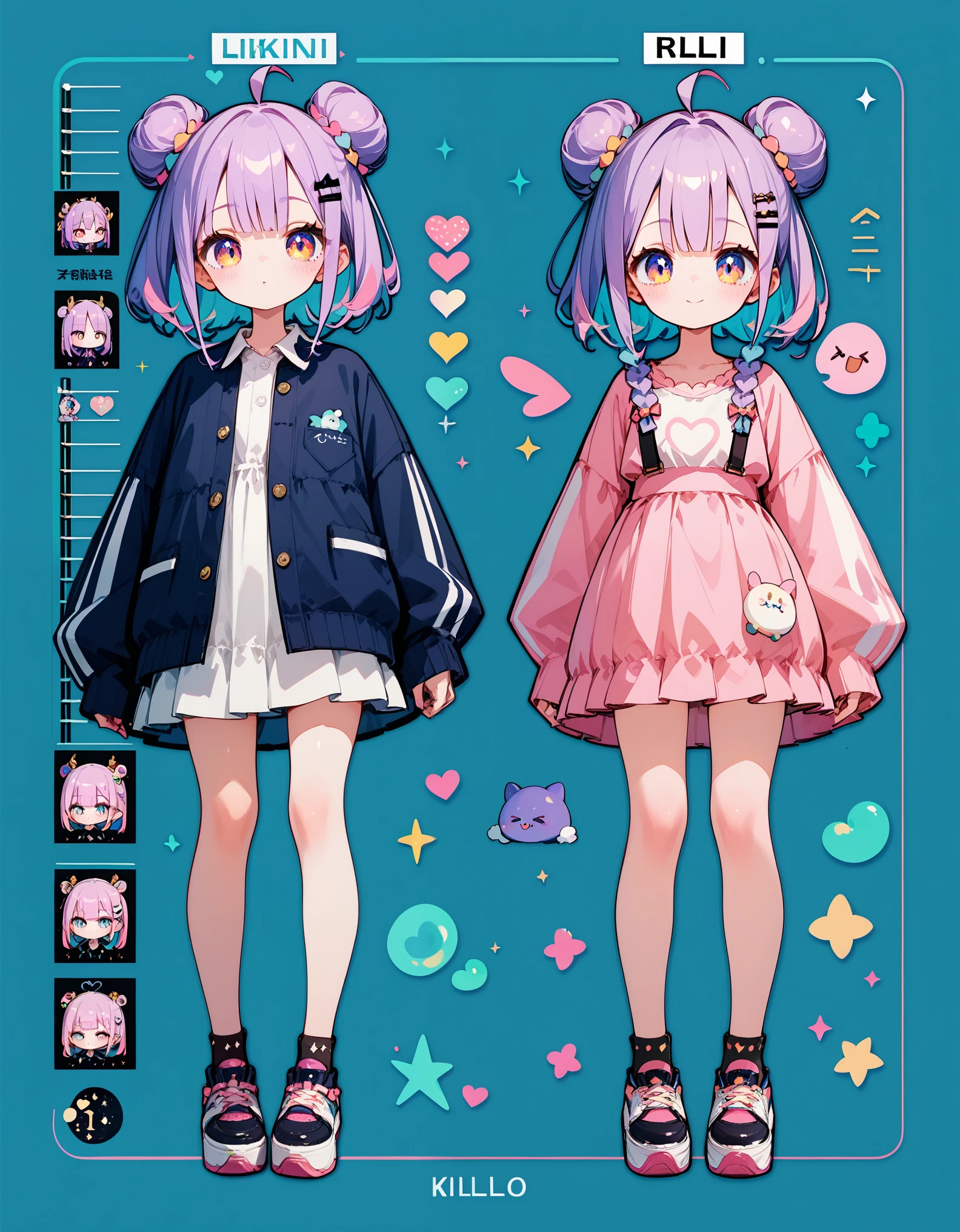 score_9,score_8_up,score_7_up,score_6_up,score_5_up, ,, highres,8k,official art, pale skin, shiny skin, full body, multiple views,,cute,kawaii, virtual youtuber, character design chart