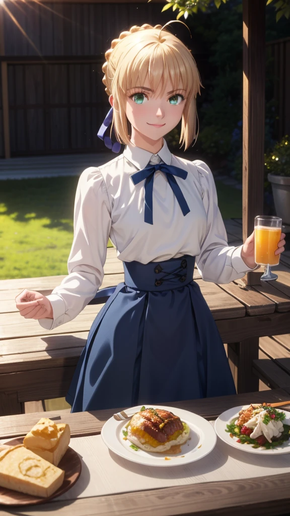 best quality, masterpiece, phSaber, phAltoria, 1girl, solo, sitting, blue ribbon, cup, skirt, smile, shirt, food, looking at viewer, blue skirt, holding, white shirt, long sleeves, french braid, hair bun, day, high-waist skirt, neck ribbon, short hair, outdoors, sunlight,  