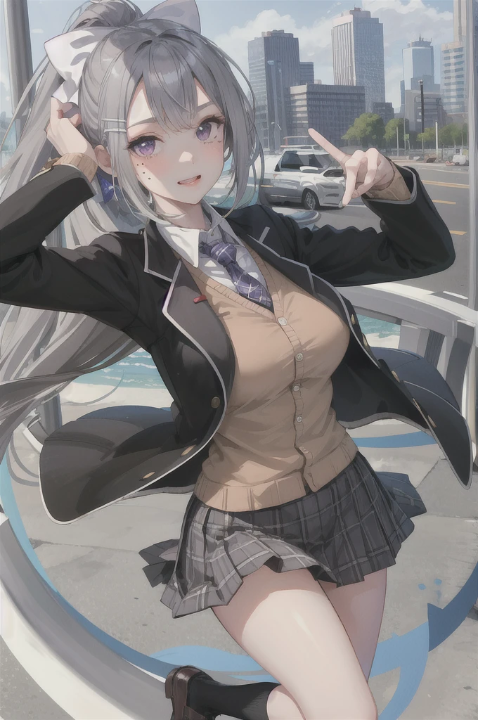 masterpiece, Highest quality, High resolution, higuchi kaede, One girl, Virtual YouTuber, alone, Long Hair, Mole under the eye, skirt, tie, Jacket, Purple eyes, socks, ponytail, hair ornaments, white bow, hair bow, bow, blazer, very Long Hair, purple tie, pleated skirt, white socks, Hair Clip, Open clothes, cardigan, , Knee-high, Grey Hair, black Jacket, shirt, collared shirt, Plaid, open Jacket, bangs, Plaid skirt, miniskirt, tachi-e, white shirt,Bra and pants are visible, Long sleeve, 短すぎるgrey skirt, Too big breasts, Tight clothes,Plaid tie, Are standing, Cowboy Shot, Scorned face,