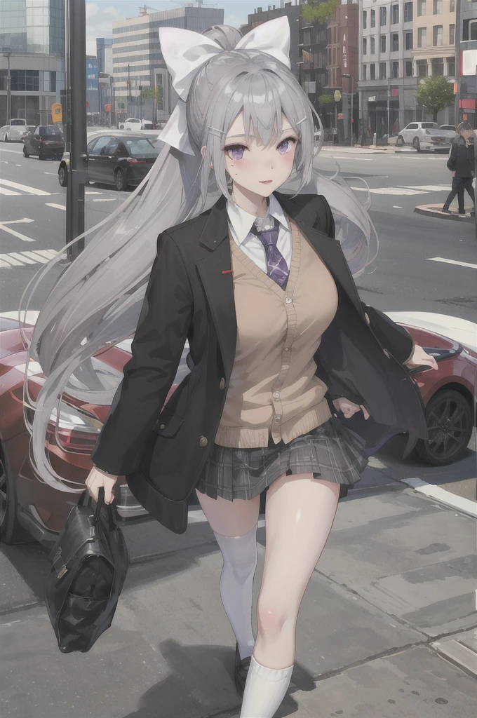 masterpiece, Highest quality, High resolution, higuchi kaede, One girl, Virtual YouTuber, alone, Long Hair, Mole under the eye, skirt, tie, Jacket, Purple eyes, socks, ponytail, hair ornaments, white bow, hair bow, bow, blazer, very Long Hair, purple tie, pleated skirt, white socks, Hair Clip, Open clothes, cardigan, , Knee-high, Grey Hair, black Jacket, shirt, collared shirt, Plaid, open Jacket, bangs, Plaid skirt, miniskirt, tachi-e, white shirt,Bra and pants are visible, Long sleeve, 短すぎるgrey skirt, Too big breasts, Tight clothes,Plaid tie, Are standing, Cowboy Shot, Scorned face,