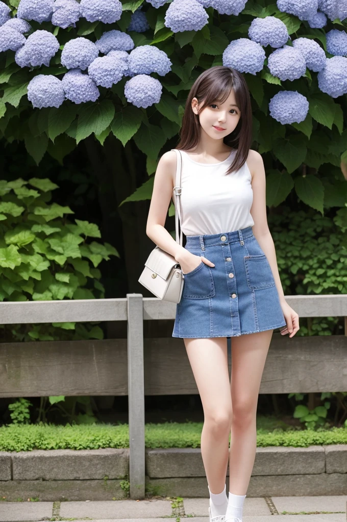 A 20-year-old girl wearing a miniskirt、In the hydrangea park。