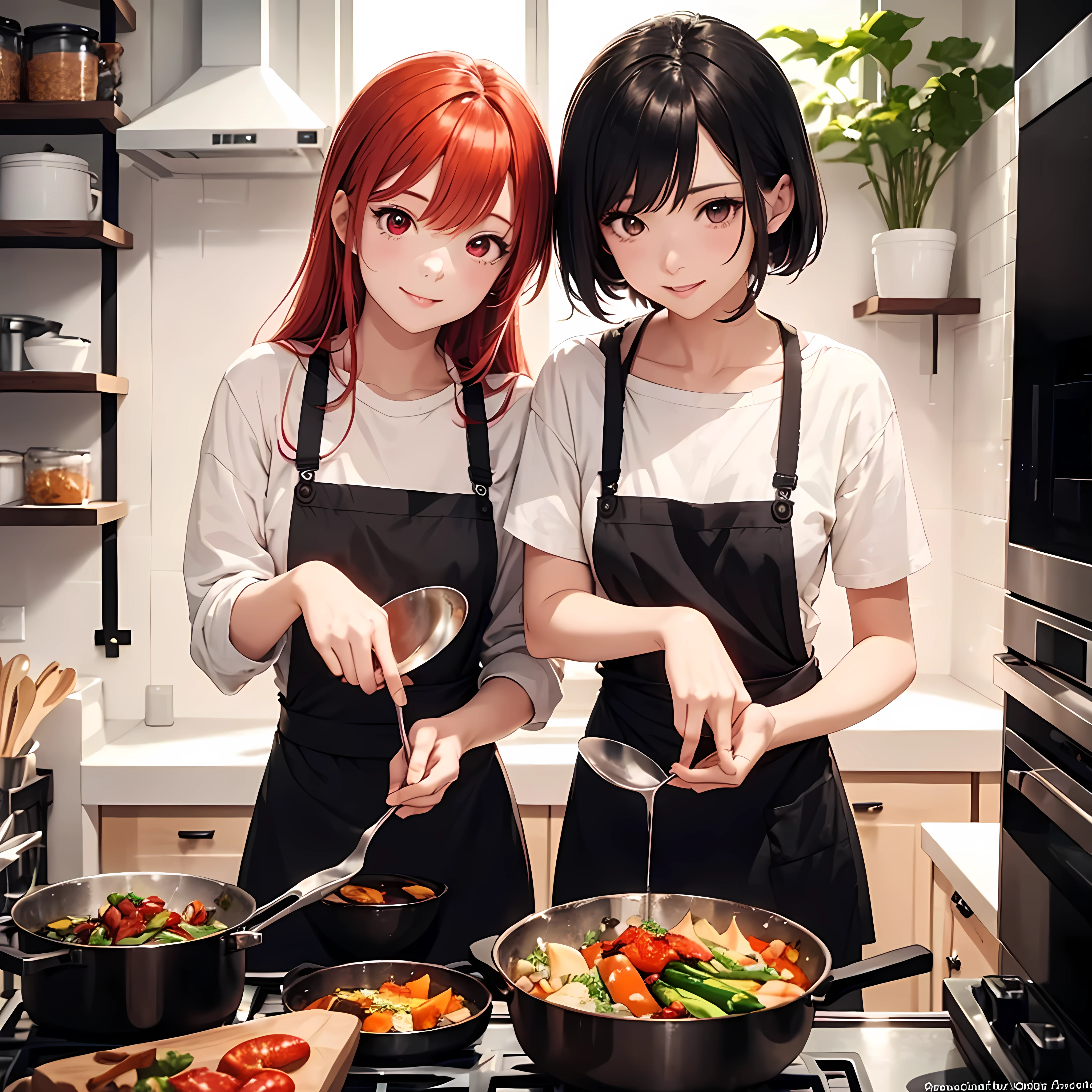 two beautiful young women, anime style, detailed faces, red hair, red eyes, delicate features, soft lighting, wearing casual outfits or aprons, cooking dinner together in a modern kitchen, one chopping vegetables, the other stirring a pot, warm and inviting kitchen lighting, relaxed and happy expressions, dynamic pose, Japanese anime style, high quality, highly detailed, 8k resolution, cinematic lighting, best quality, vibrant colors, Instagrammable, aesthetic, trendy