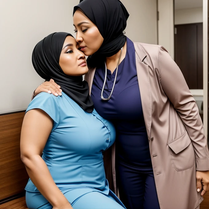 2woman,45 years Old, Hijab Indonesian mature woman, Big : 12.9, doctor suit,curvy body, full body, sharing lustful kiss, hug and groping bteas, professional shot, at doctor office.